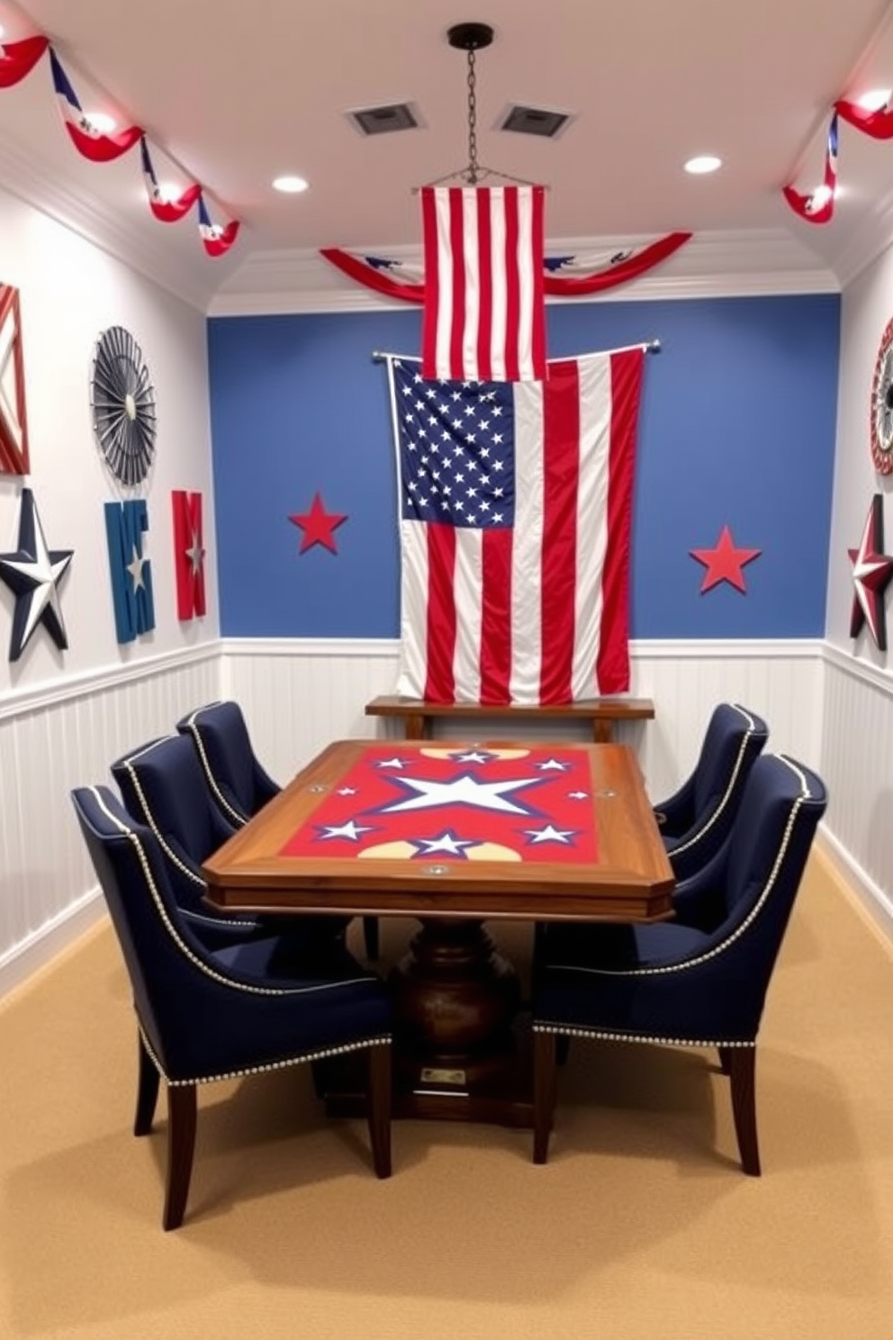 A vibrant game room designed for tabletop games with a patriotic theme. The walls are adorned with red white and blue decorations and a large American flag hangs prominently. The centerpiece is a custom-made game table featuring a star-spangled design. Surrounding the table are comfortable chairs upholstered in navy blue fabric with white piping.