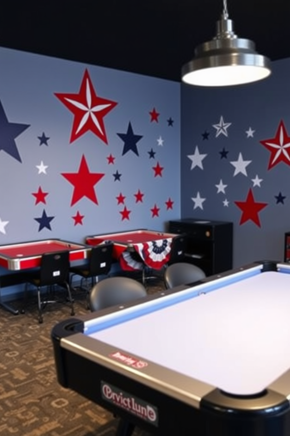 A game room decorated with patriotic themed wall decals that celebrate Memorial Day. The walls are adorned with large stars and stripes designs in red, white, and blue, creating a festive and inviting atmosphere.