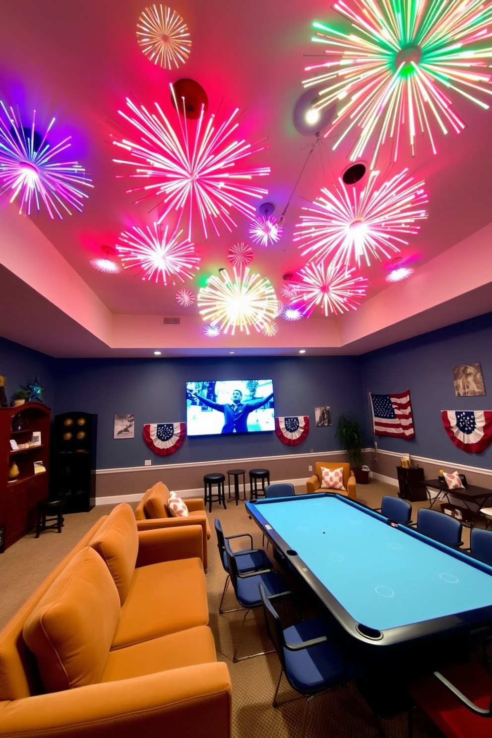 A game room featuring ceiling lights inspired by colorful fireworks. The lights burst in various shapes and sizes, creating a festive atmosphere perfect for gatherings. The walls are adorned with patriotic decor celebrating Memorial Day. Comfortable seating arrangements are complemented by a large table for games and snacks, inviting friends and family to enjoy the space.