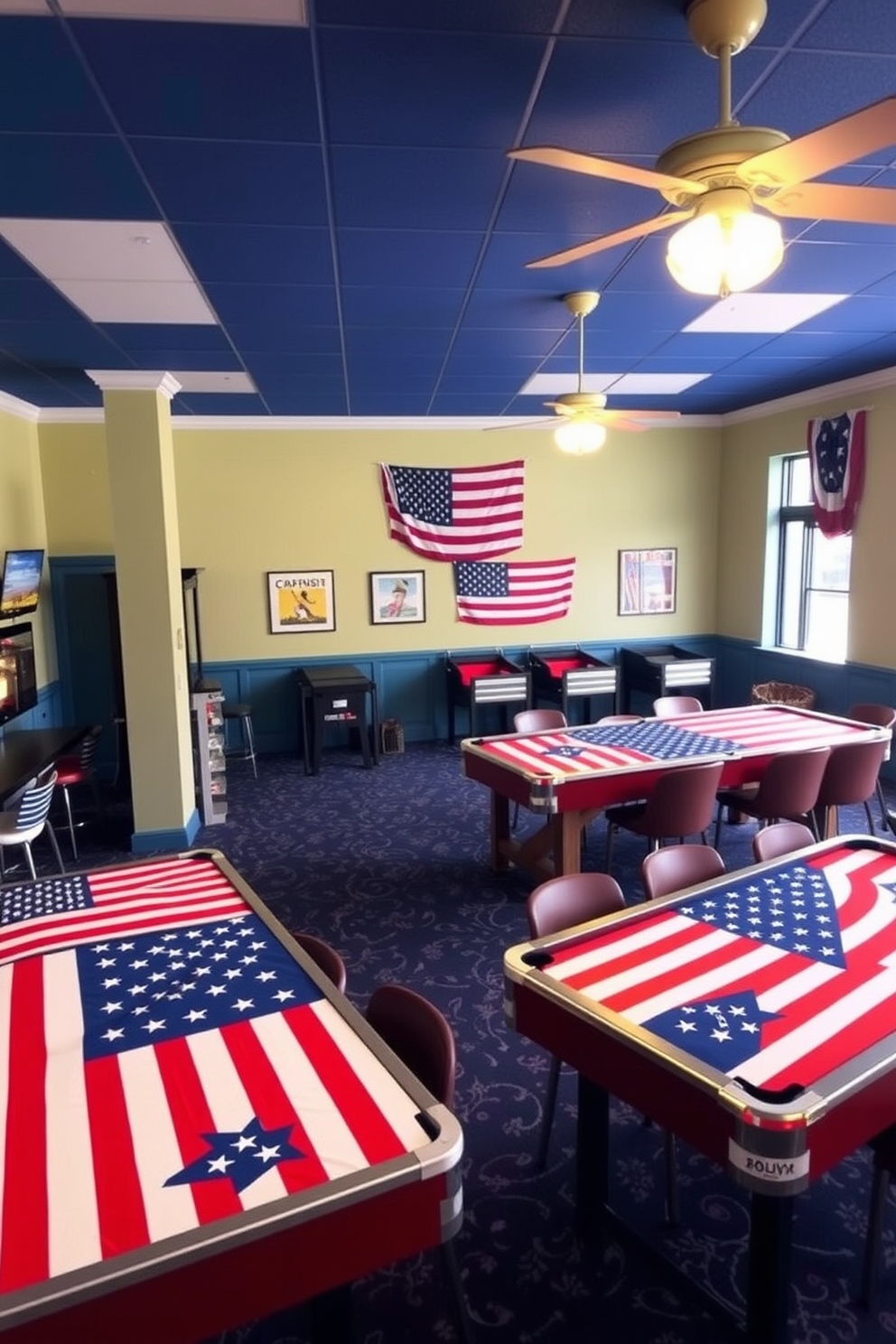 A vibrant game room featuring multiple game tables adorned with various flag designs. The space is filled with patriotic colors, creating an inviting atmosphere for entertaining guests during Memorial Day celebrations.