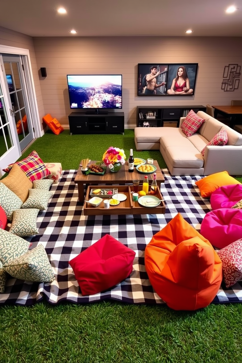 A cozy picnic style seating arrangement features a large checkered blanket spread on the grass with an assortment of colorful cushions scattered around. A rustic wooden table is set in the center, adorned with a vibrant floral centerpiece and an array of delicious snacks and drinks. The game room is designed for entertainment with a large sectional sofa facing a mounted flat-screen TV. Brightly colored bean bags are placed around a low coffee table, creating a fun and inviting atmosphere for friends and family to enjoy games together.