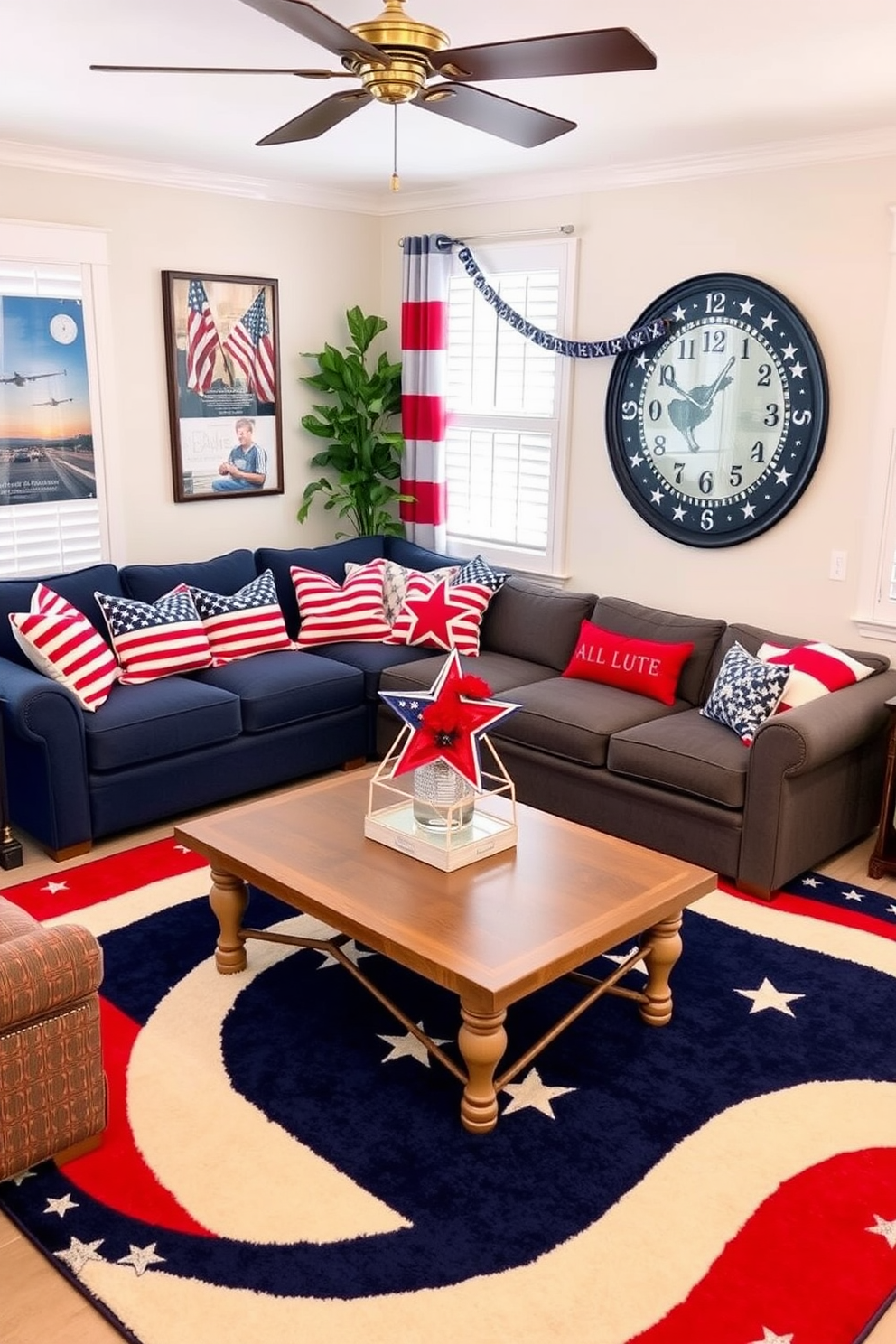 A vibrant game room featuring a red white and blue themed rug that adds a festive touch for Memorial Day. The space includes a comfortable sectional sofa adorned with patriotic throw pillows and a coffee table with a star-spangled centerpiece.