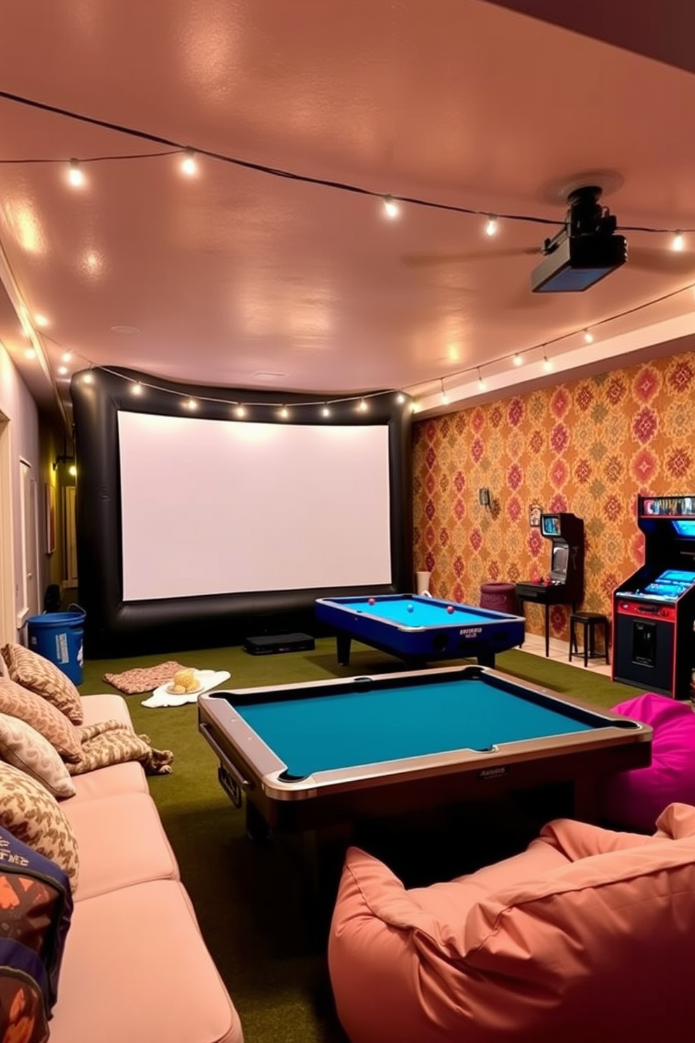 A cozy outdoor movie setup features a large inflatable screen illuminated by string lights. Surrounding the screen are comfortable lounge chairs and blankets, creating an inviting atmosphere for friends and family. Inside the game room, a vibrant color palette sets the tone with a mix of playful patterns on the walls. A pool table takes center stage, complemented by bean bag chairs and a retro arcade machine for entertainment.