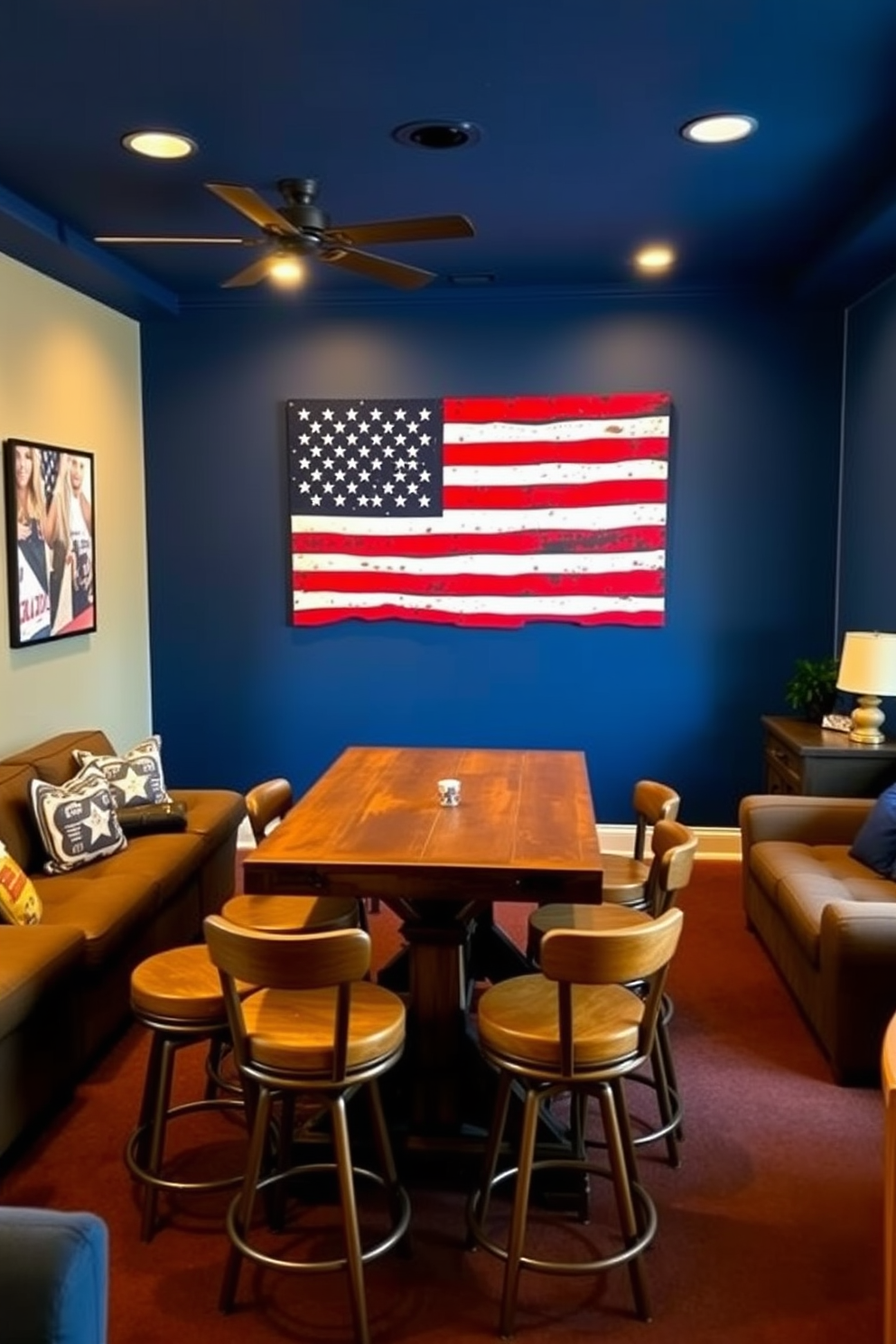 A vibrant game room featuring an American flag wall art display that serves as a focal point. The walls are painted in a deep navy blue, complementing the red and white of the flag, while comfortable seating arrangements invite relaxation and fun. Incorporate a rustic wooden game table surrounded by stylish bar stools to enhance the atmosphere. Soft lighting fixtures create a warm ambiance, making it the perfect space for entertaining friends and family on Memorial Day.