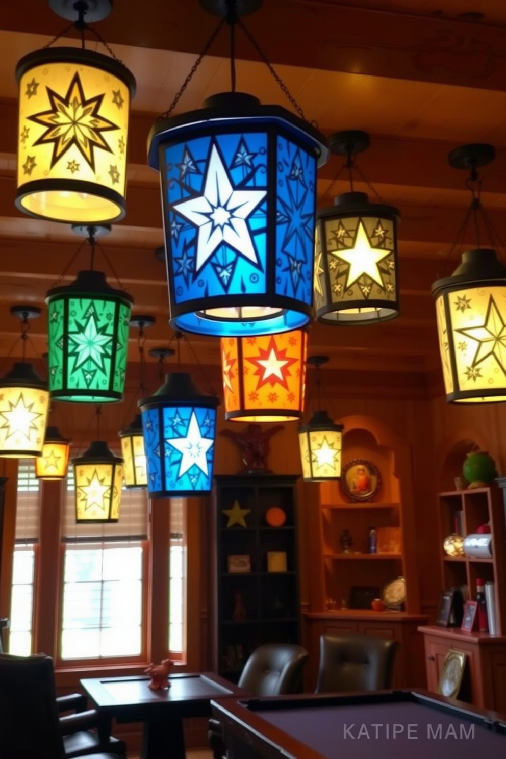 A cozy game room filled with decorative lanterns featuring intricate star patterns. The warm glow from the lanterns creates an inviting atmosphere, perfect for gatherings and game nights.