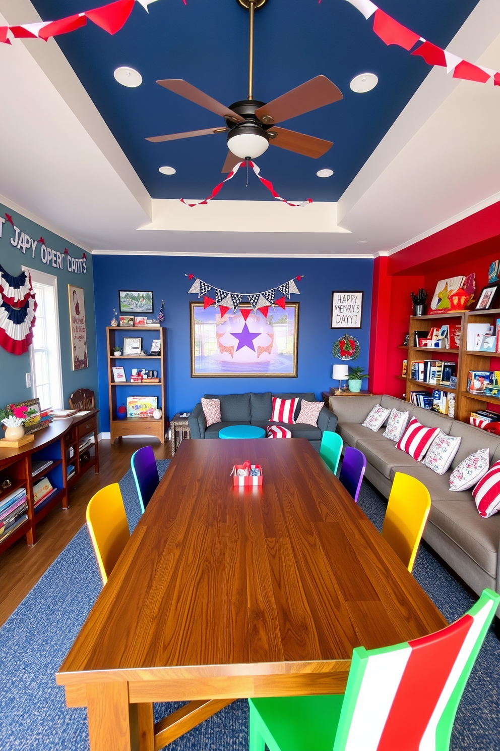 A vibrant game room decorated for Memorial Day features a large wooden table at the center surrounded by colorful chairs. The walls are adorned with red white and blue bunting and themed artwork celebrating the holiday. On shelves lining the walls various board games are displayed in decorative boxes alongside patriotic decor items. A cozy seating area with a sectional sofa invites guests to relax and enjoy their favorite games together.