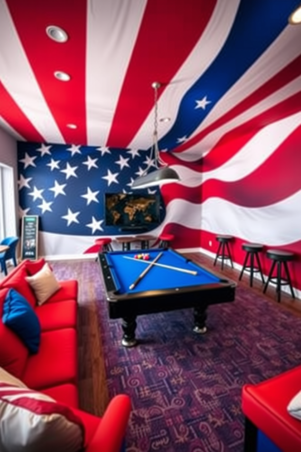 A vibrant game room featuring a large patriotic themed wall mural that showcases the American flag in bold colors. The mural serves as a striking backdrop for a pool table, surrounded by comfortable seating in red, white, and blue hues.