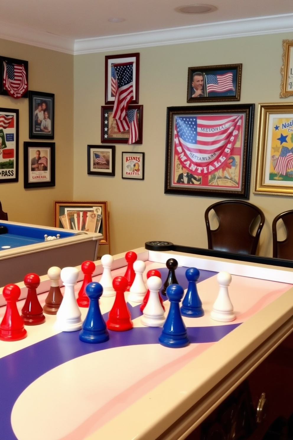 Customized game pieces in flag colors create a vibrant and patriotic atmosphere in the game room. The walls are adorned with framed memorabilia and colorful artwork celebrating Memorial Day, enhancing the festive spirit.