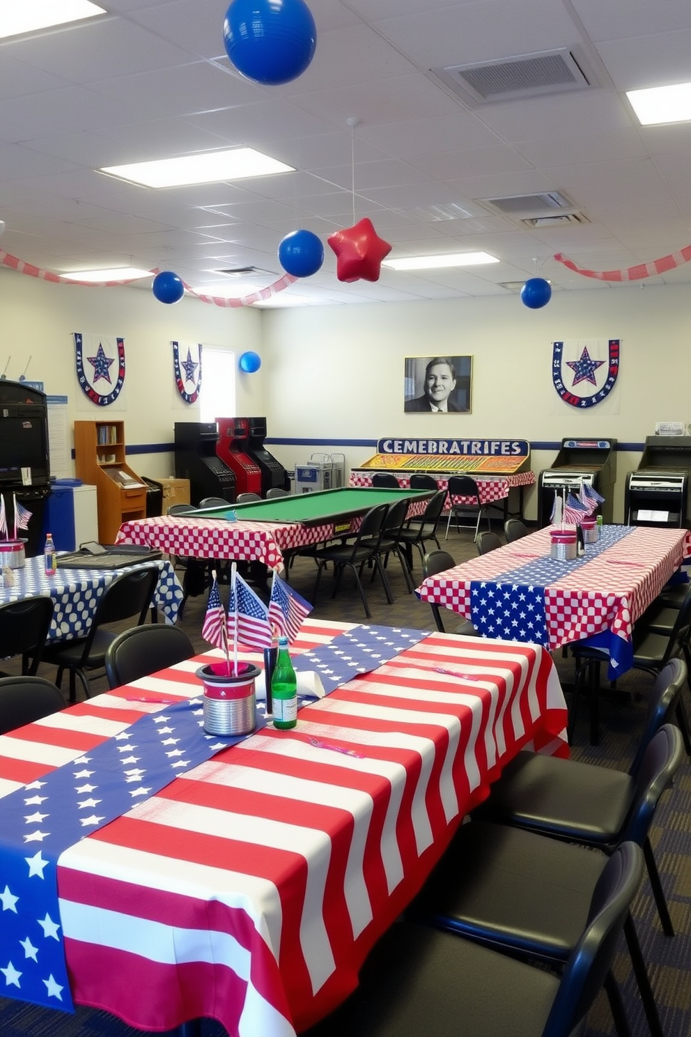 A vibrant game room adorned with festive tablecloths that feature red white and blue patterns celebrating Memorial Day. The tables are set with colorful decorations including stars and stripes themed centerpieces and playful game accessories.