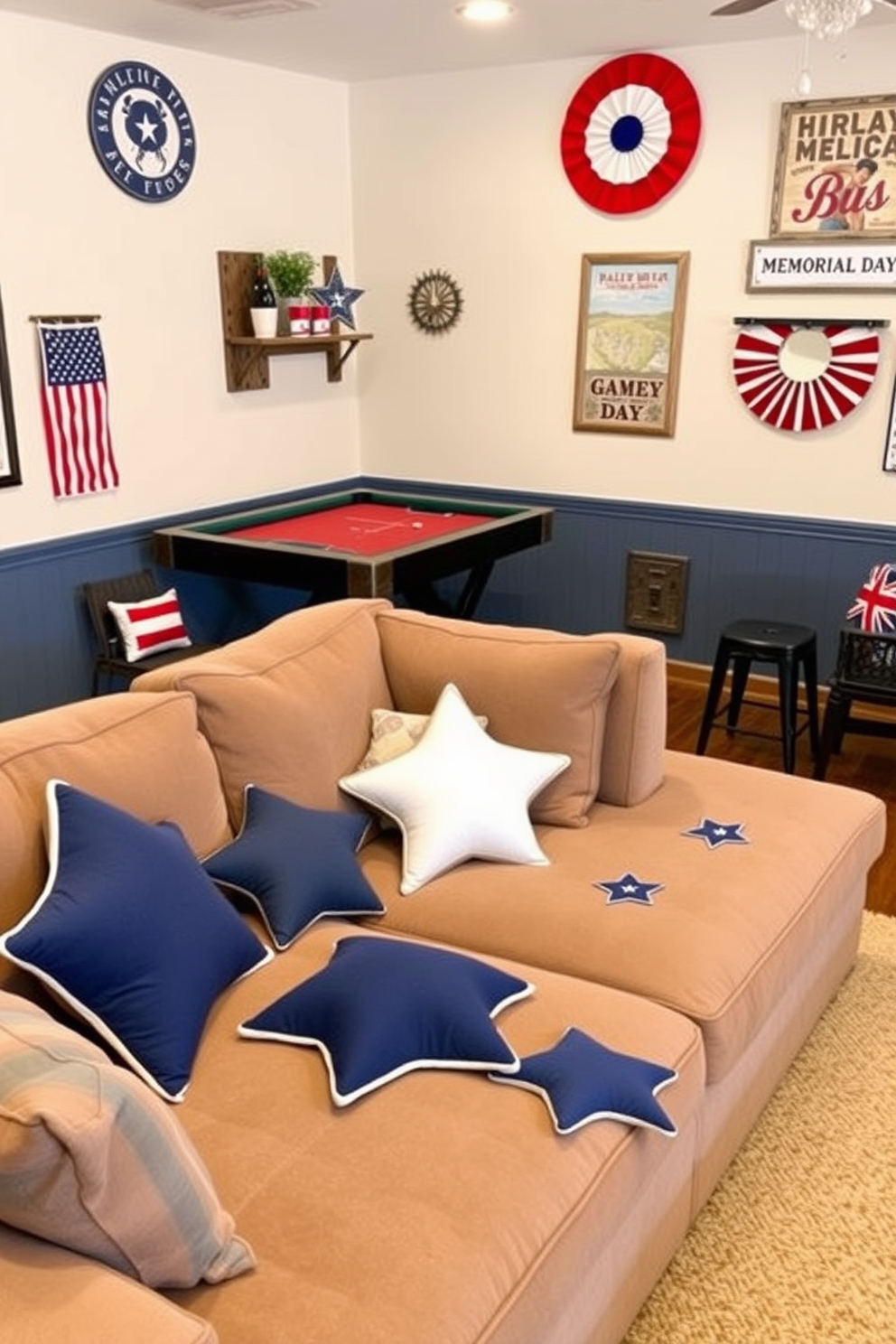 Create a cozy game room that features star-shaped cushions scattered across a plush sectional sofa. The walls are adorned with patriotic decor celebrating Memorial Day, including red white and blue accents and themed artwork.