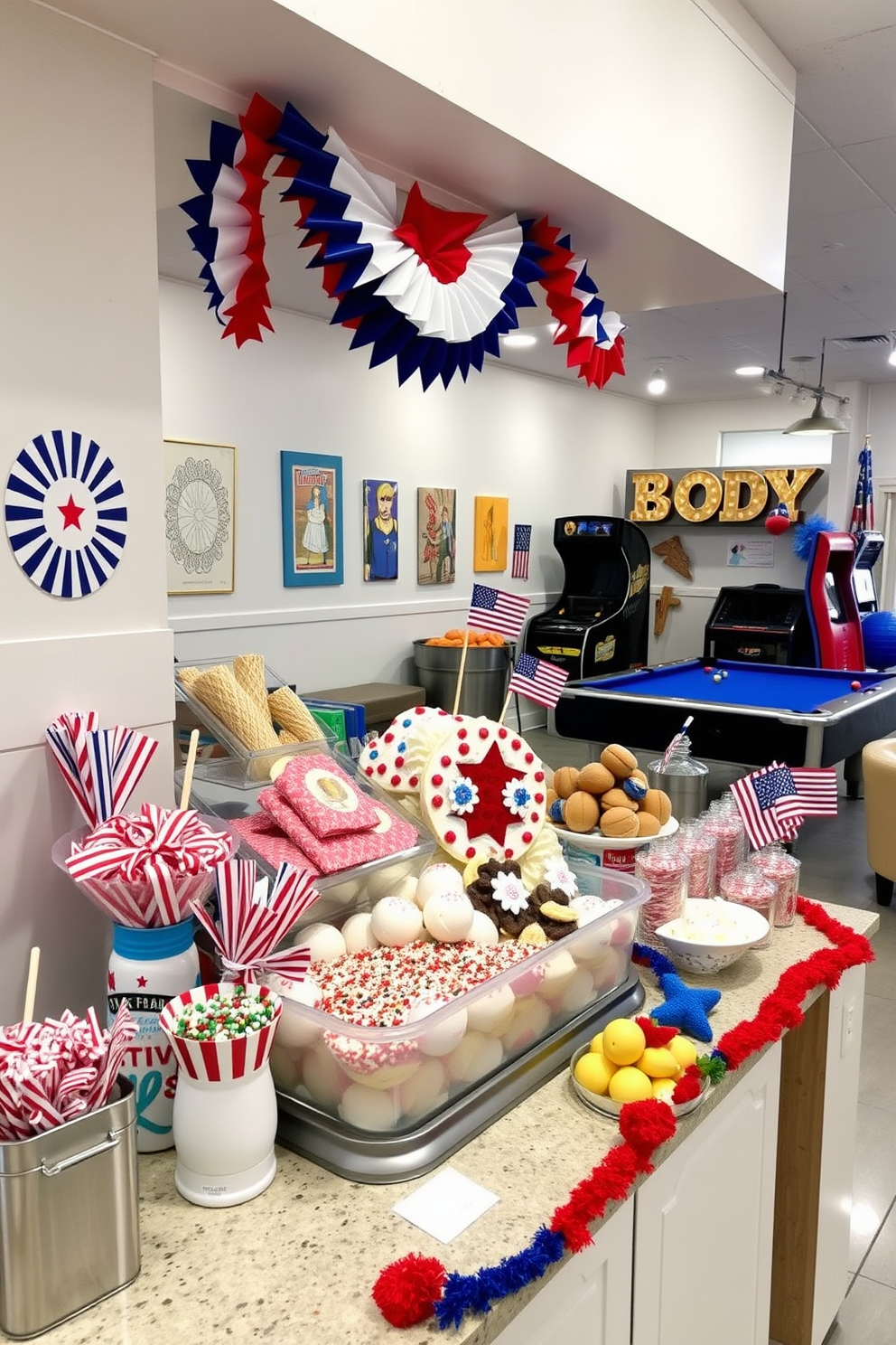 An inviting ice cream station is set up with a colorful array of festive toppings including sprinkles, chocolate syrup, and fresh fruits. The station features a large ice cream tub surrounded by cheerful decorations in red, white, and blue to celebrate Memorial Day. The game room is designed for fun and relaxation, showcasing a pool table and comfortable seating arrangements. Bright wall art and playful accents create a lively atmosphere perfect for entertaining guests during the holiday festivities.