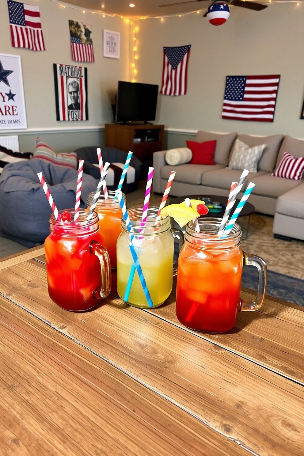 Festive drinks served in mason jars are arranged on a rustic wooden table. Each jar is adorned with colorful straws and garnished with fresh fruit, creating a vibrant and inviting atmosphere. The game room features a cozy seating area with plush bean bags and a large sectional sofa. Walls are decorated with patriotic-themed artwork and string lights, enhancing the festive spirit for Memorial Day celebrations.