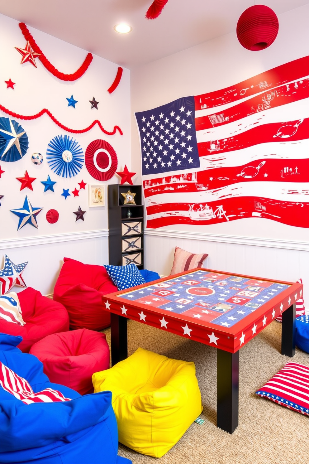 A vibrant game room designed for kids featuring patriotic themes. The walls are adorned with red white and blue decorations and a large American flag mural serves as the focal point. Colorful bean bags and floor cushions provide comfortable seating for playtime. A custom game table with stars and stripes accents offers a fun space for board games and puzzles.