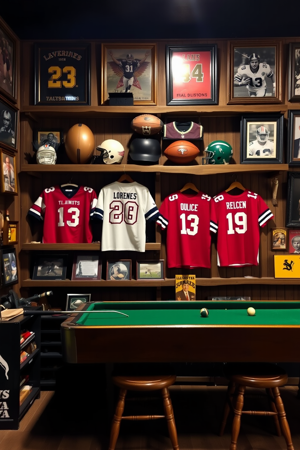 A game room filled with vintage sports memorabilia displayed on rustic wooden shelves. The walls are adorned with framed jerseys and photographs, creating a nostalgic atmosphere perfect for game day.