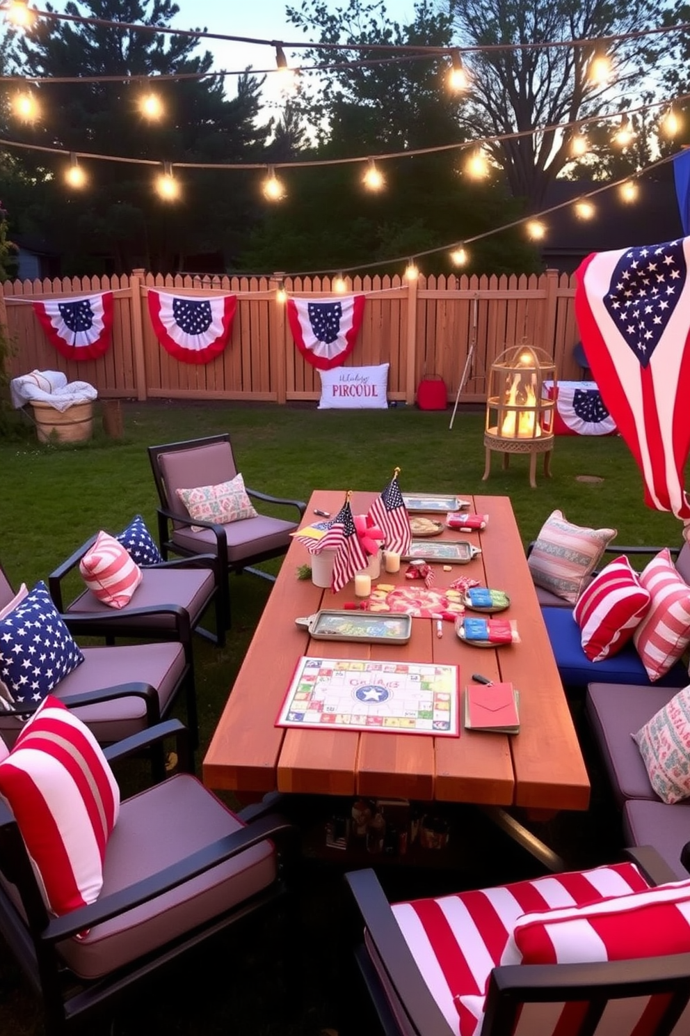 Create an inviting outdoor games setup designed for a lively Memorial Day celebration. The space features a large picnic table adorned with red white and blue decorations and an array of board games spread out for guests to enjoy. Surrounding the table are comfortable lounge chairs and colorful cushions to encourage relaxation. String lights are hung overhead to create a festive atmosphere as the sun sets, enhancing the cheerful vibe of the gathering.