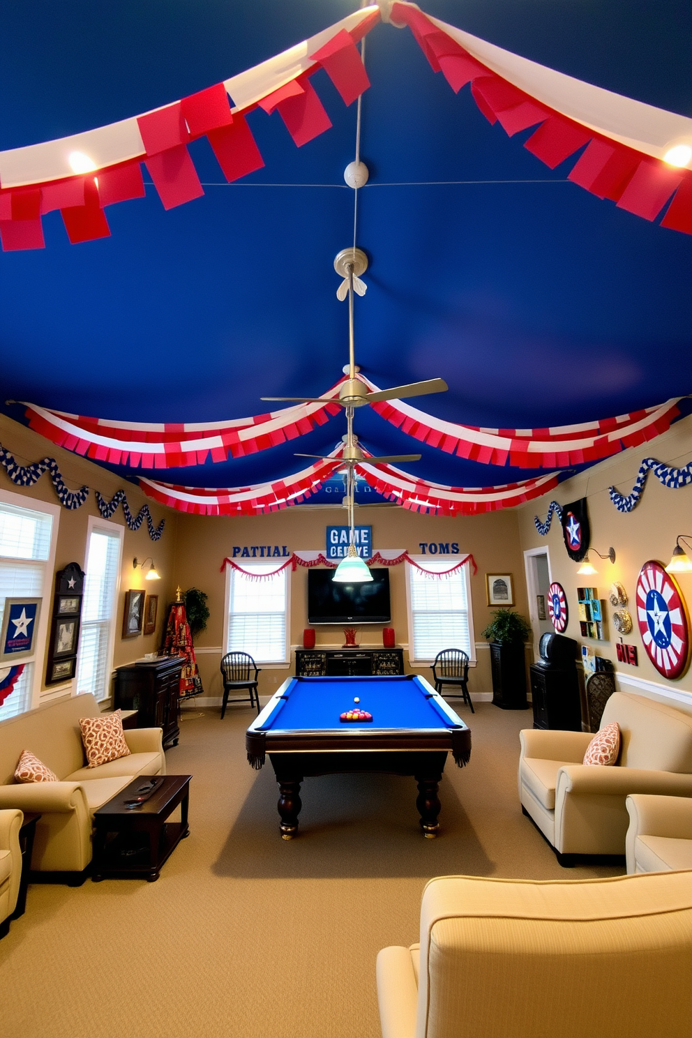 A vibrant game room filled with festive bunting hanging across the ceiling in red white and blue colors. The walls are adorned with patriotic decorations and the space features a large pool table surrounded by comfortable seating.