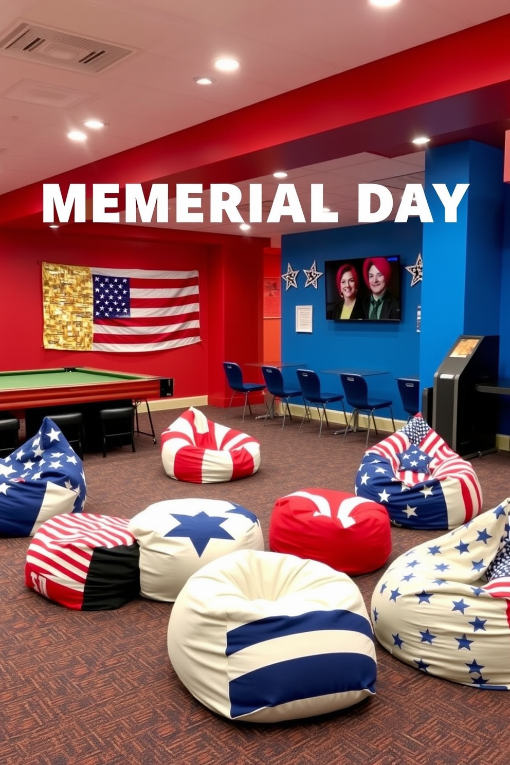 A vibrant game room featuring themed bean bags for seating. The bean bags are designed with patriotic colors and patterns, creating a festive atmosphere for Memorial Day celebrations.