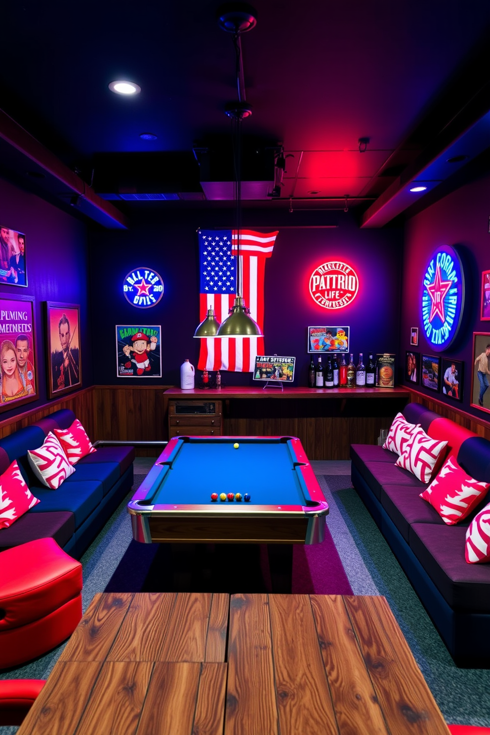 Custom neon signs with patriotic themes illuminate the walls of a vibrant game room. The space features a pool table at the center, surrounded by comfortable seating in red, white, and blue hues. Game-themed artwork hangs alongside the neon signs, creating an energetic atmosphere. A rustic wooden bar area complements the decor, stocked with drinks for entertaining friends and family.