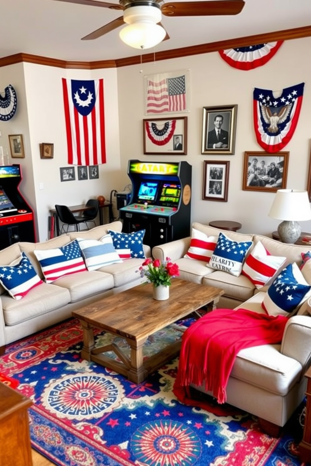 A cozy game room featuring Fourth of July themed throw pillows in red white and blue. The pillows are arranged on a large sectional sofa with a rustic wooden coffee table in the center. Memorial Day decorations adorn the walls with patriotic banners and framed photographs of past celebrations. A vibrant area rug ties the space together while a vintage arcade game adds a fun element to the room.