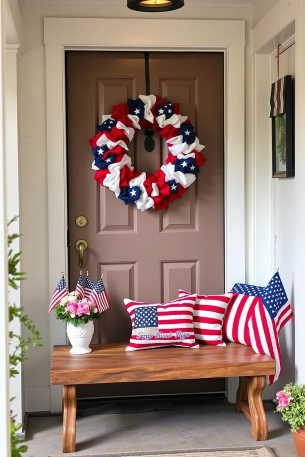 A vibrant red white and blue wreath is prominently displayed on the door, symbolizing patriotism and celebration. The hallway is adorned with tasteful decorations including small flags and floral arrangements that complement the wreath. Soft lighting casts a warm glow on the decorations, enhancing the festive atmosphere. A rustic bench with a throw pillow featuring stars and stripes invites guests to pause and enjoy the decor.