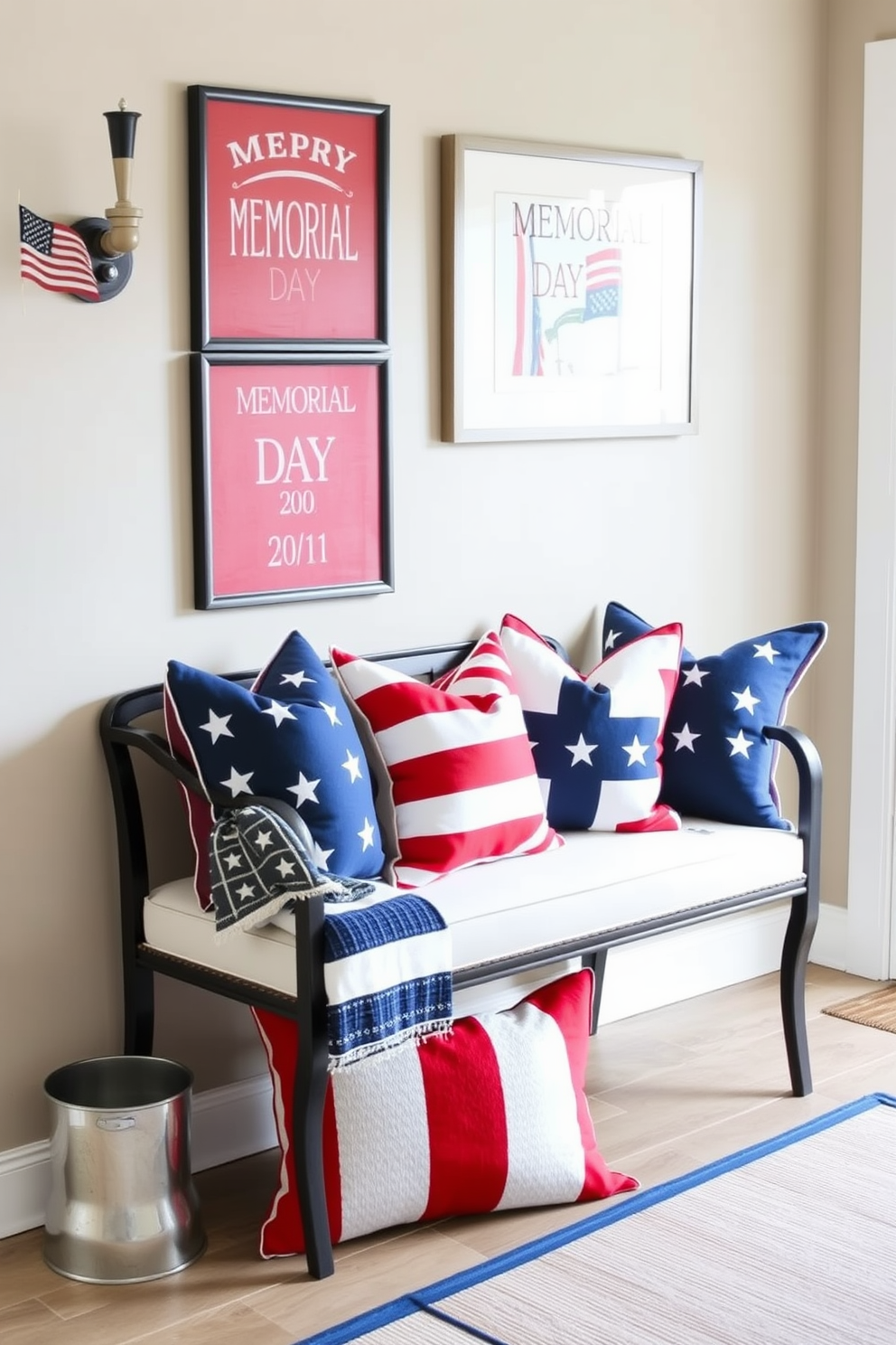 Create a patriotic hallway setting featuring red white and blue throw pillows arranged on a stylish bench. The walls are adorned with framed artwork celebrating Memorial Day, and a subtle runner adds warmth to the space.