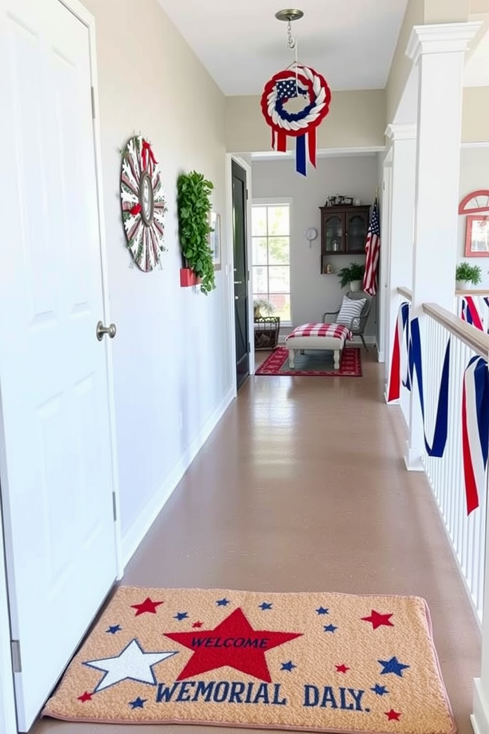 A seasonal welcome mat featuring stars is placed at the entrance, inviting guests with a festive touch. The hallway is adorned with patriotic decorations, including red, white, and blue accents to celebrate Memorial Day.