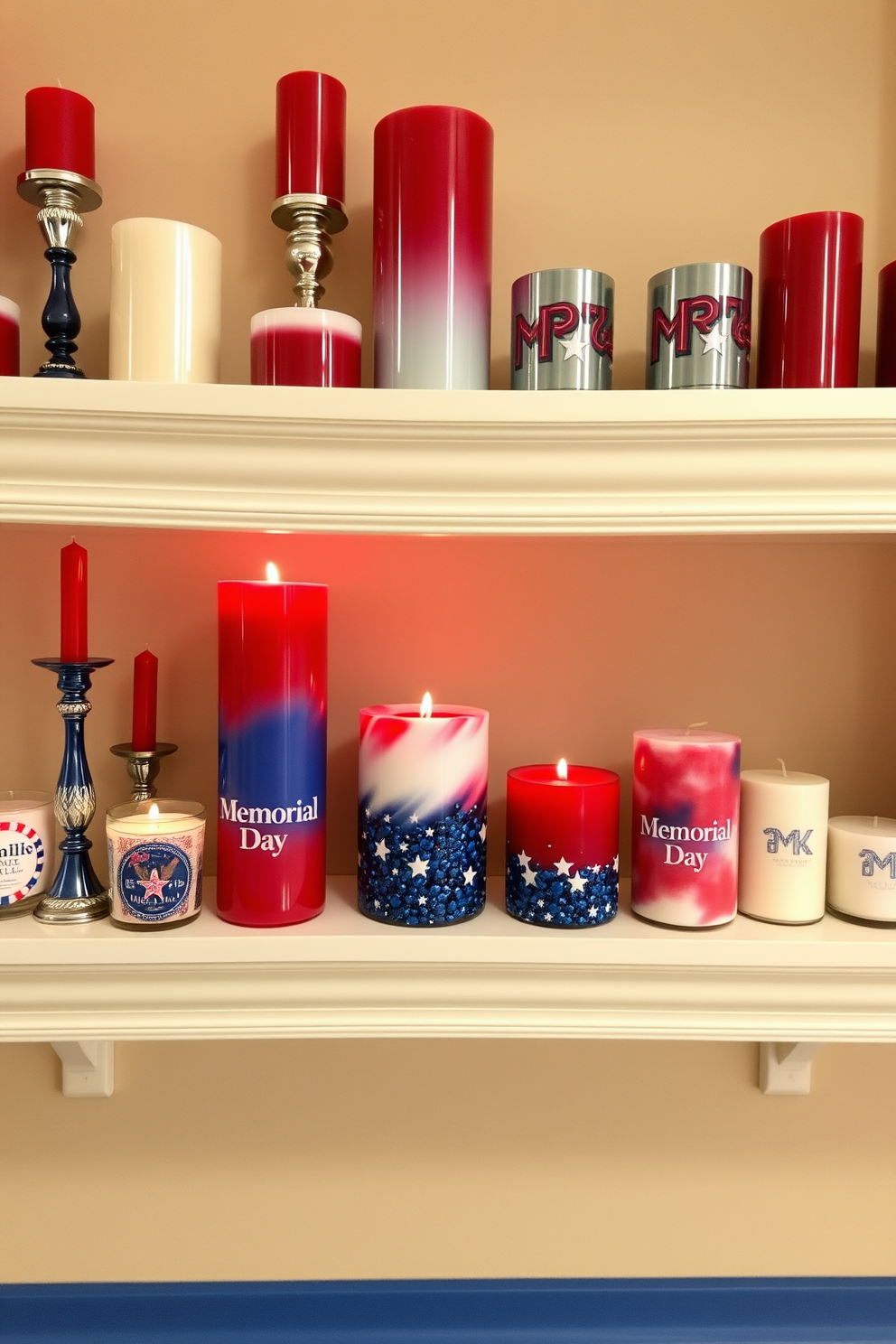 Patriotic candles are artfully arranged on hallway shelves, creating a warm and inviting atmosphere. The candles are in various sizes and colors, featuring red, white, and blue hues that celebrate Memorial Day.