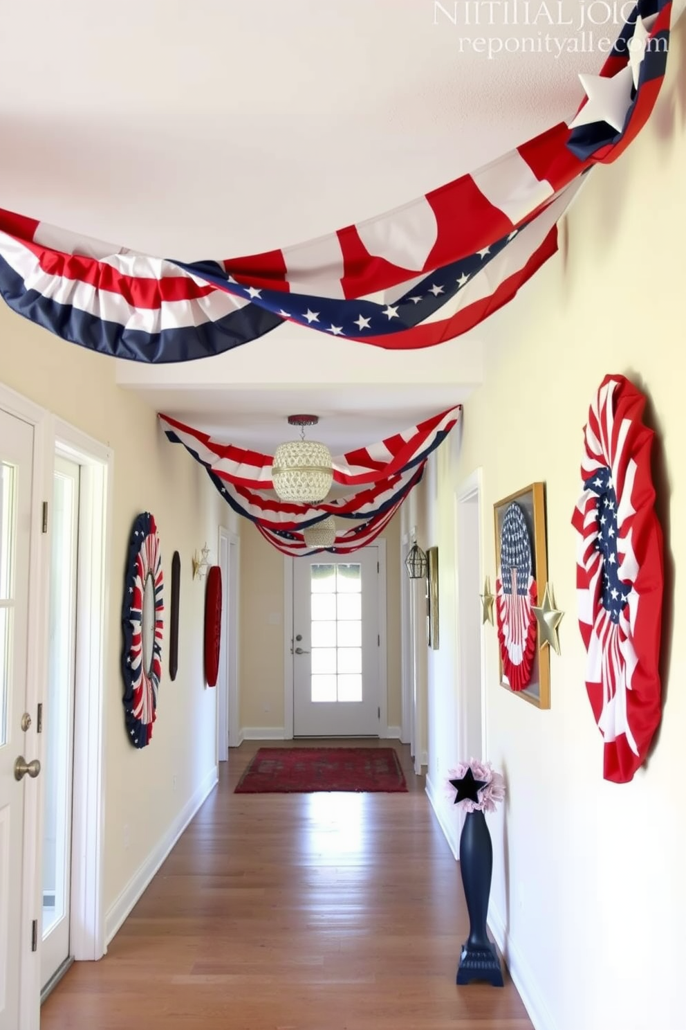 A festive hallway adorned with red white and blue bunting creates a vibrant atmosphere for Memorial Day celebrations. The bunting is draped elegantly along the walls, complemented by patriotic-themed decorations such as stars and stripes accents.