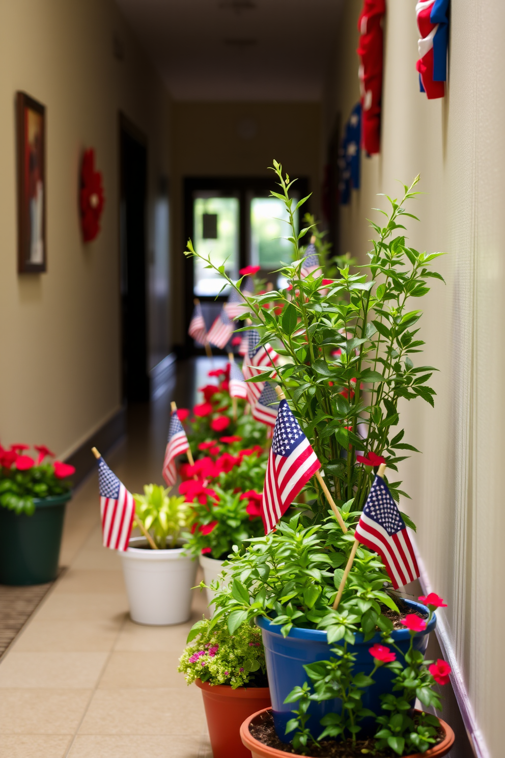 Miniature flags are placed in vibrant potted plants along the hallway, creating a festive and patriotic atmosphere for Memorial Day. The plants vary in height and color, adding visual interest while the flags flutter gently in the breeze. The hallway walls are adorned with subtle red, white, and blue decorations, complementing the potted plants. Soft lighting highlights the display, inviting guests to appreciate the thoughtful decor as they walk through.