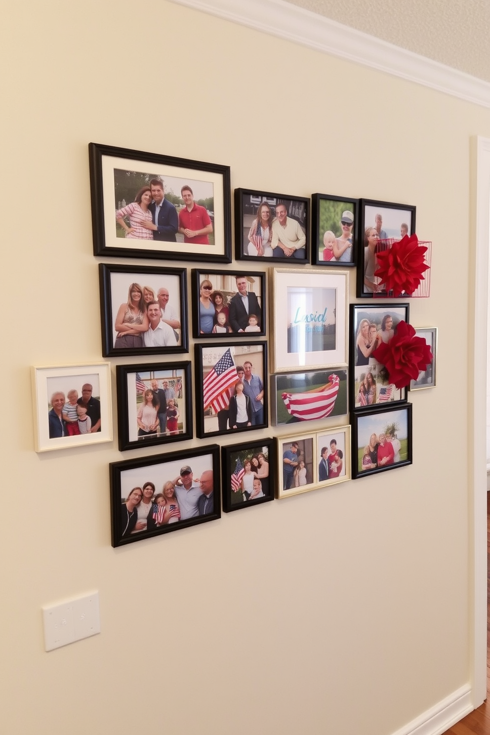 A themed photo collage on a hallway wall showcases cherished memories and patriotic elements. Framed photographs of family gatherings and Memorial Day celebrations are arranged in a harmonious layout, complemented by red, white, and blue accents.