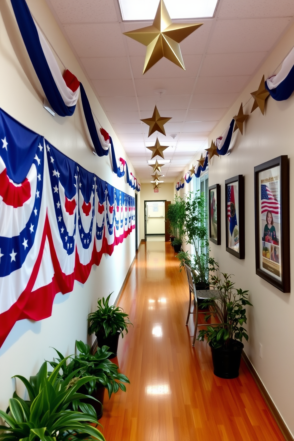 A patriotic banner stretches along the walls of a festive hallway, adorned with red, white, and blue colors. The hallway features a warm wood floor, and decorative stars hang from the ceiling, creating a celebratory atmosphere. Alongside the banner, framed photographs of past Memorial Day celebrations are displayed, adding a personal touch to the decor. Potted plants in the corners bring a touch of greenery, enhancing the inviting ambiance of the space.