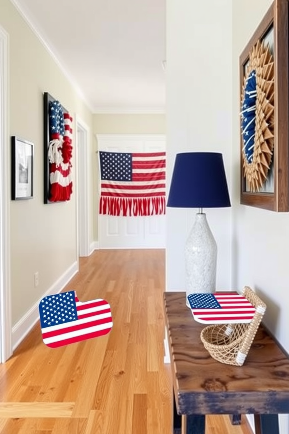 Create a hallway design that celebrates Memorial Day with American flag themed coasters displayed on a rustic wooden table. The walls are adorned with patriotic artwork and the flooring features a warm, inviting wood finish.