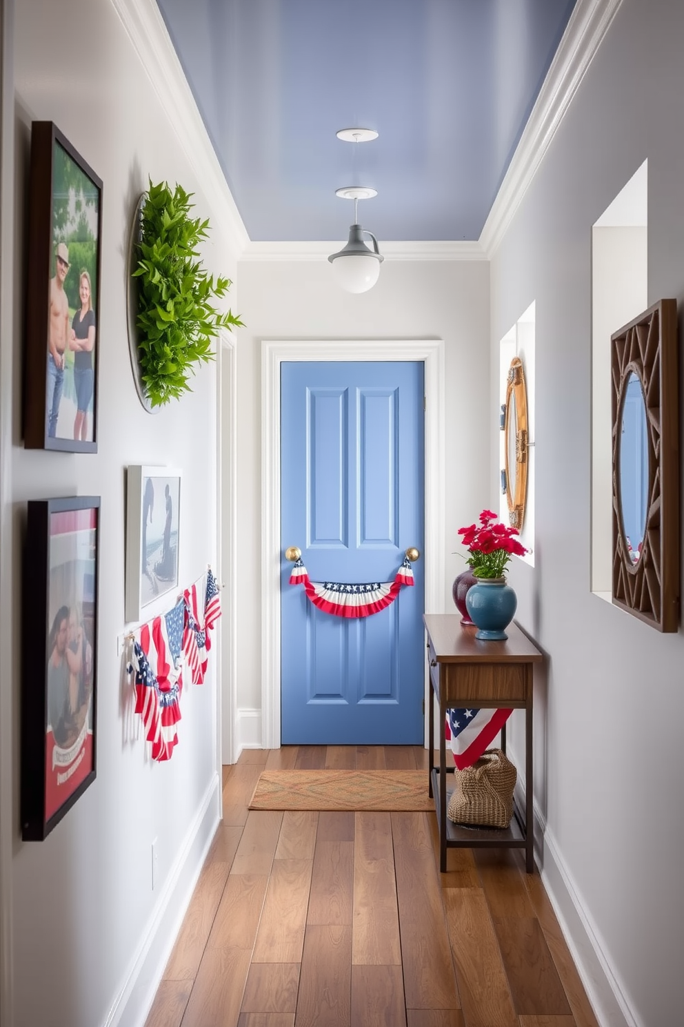 Create a vibrant hallway setting that celebrates Memorial Day. Incorporate seasonal artwork featuring red white and blue themes along the walls with patriotic motifs and imagery. Add decorative elements such as small flags or star-shaped garlands along the hallway. Use a mix of natural textures like wood and metal to create an inviting atmosphere that honors the spirit of the holiday.