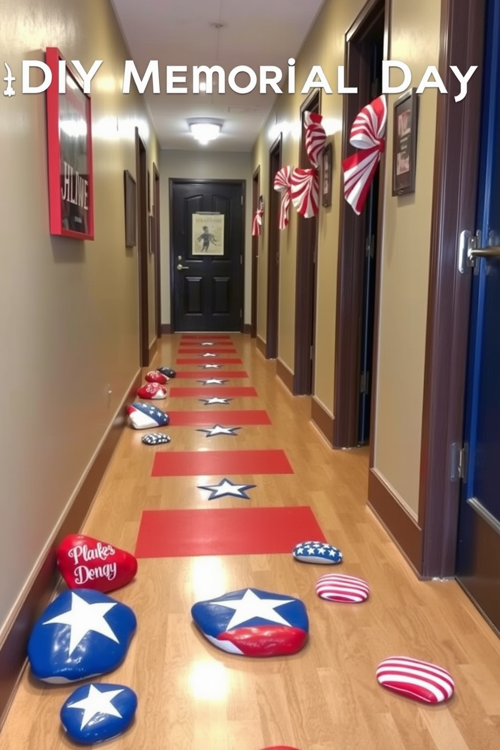 A vibrant hallway decorated with DIY painted rocks featuring patriotic designs for Memorial Day. The rocks are arranged along the floor, showcasing stars and stripes in red, white, and blue, creating a festive and welcoming atmosphere.