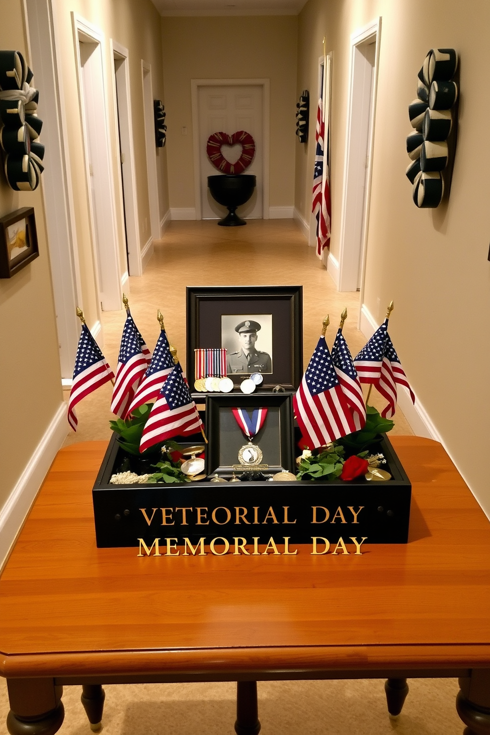 A stunning tabletop display showcasing military memorabilia for Memorial Day. The arrangement features a vintage wooden box filled with medals, a framed photograph of a soldier, and small flags elegantly placed around the centerpiece. The hallway is adorned with tasteful decorations that honor the memory of veterans. Soft lighting highlights the display, while patriotic colors create a warm and respectful ambiance.