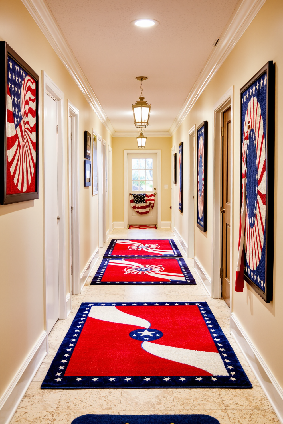 A vibrant hallway decorated with red white and blue themed rugs. The rugs feature bold patterns that celebrate Memorial Day, complementing the walls painted in a soft cream color.