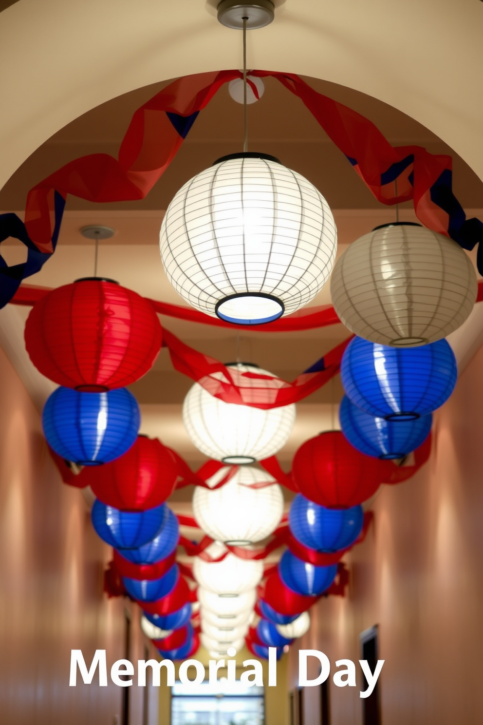 A hallway adorned with hanging paper lanterns in red, white, and blue creates a festive atmosphere for Memorial Day. The soft glow of the lanterns illuminates the space, enhancing the patriotic theme and inviting guests to celebrate.