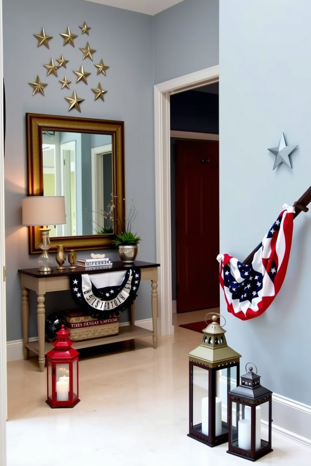 A stylish entryway features a large mirror adorned with star accents that reflect light beautifully. The walls are painted in a soft blue hue, and a console table beneath the mirror holds decorative items and a small potted plant. For Memorial Day, the hallway is decorated with red, white, and blue accents, including a garland of stars and stripes. Vintage-inspired lanterns line the floor, creating a welcoming atmosphere that celebrates the holiday.