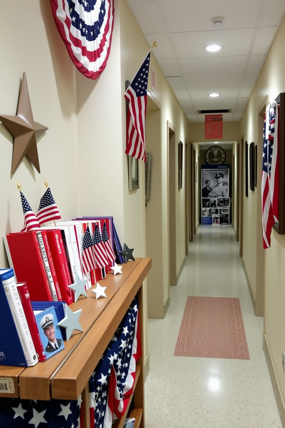 A patriotic themed book display features a collection of red white and blue books arranged on a rustic wooden shelf. American flags and small decorative stars are placed among the books to enhance the festive atmosphere. The Memorial Day hallway is adorned with framed photographs of veterans and military memorabilia. Soft lighting highlights a red white and blue color scheme creating a warm and respectful tribute.