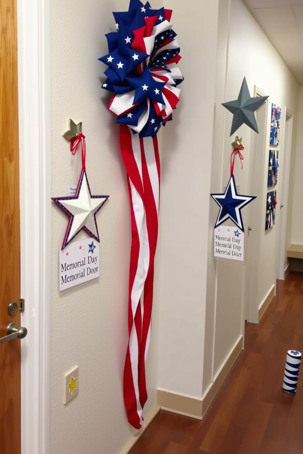 Seasonal door hangers featuring stars create a festive atmosphere for Memorial Day. The hallway is adorned with red white and blue accents to celebrate the occasion, enhancing the welcoming ambiance.