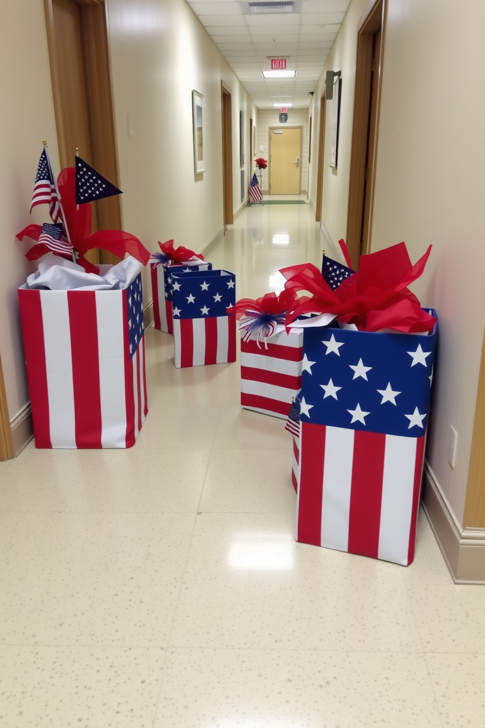 Decorative boxes wrapped in flag fabric are strategically placed along the hallway to create a festive and patriotic atmosphere. The boxes vary in size and are adorned with red white and blue accents to enhance the Memorial Day theme.