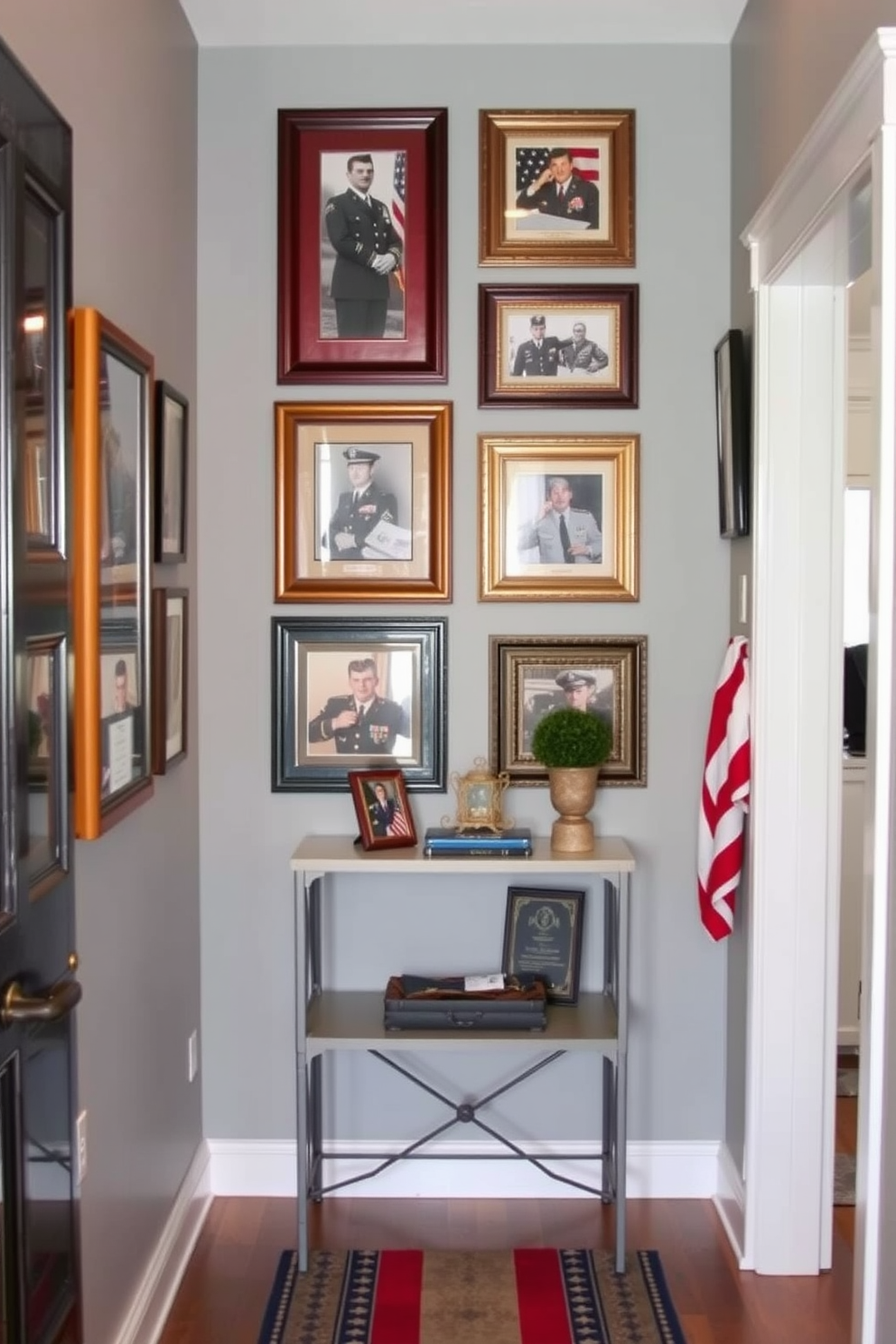 A hallway adorned with framed military service photos creates a heartfelt tribute to honor those who have served. The walls are painted in a soft gray, allowing the rich colors of the frames to stand out while creating a serene atmosphere. Decorative elements such as a small console table can be placed beneath the photos, showcasing a few meaningful artifacts or memorabilia. A subtle runner rug in patriotic colors can add warmth and enhance the overall decor, inviting visitors to pause and reflect.