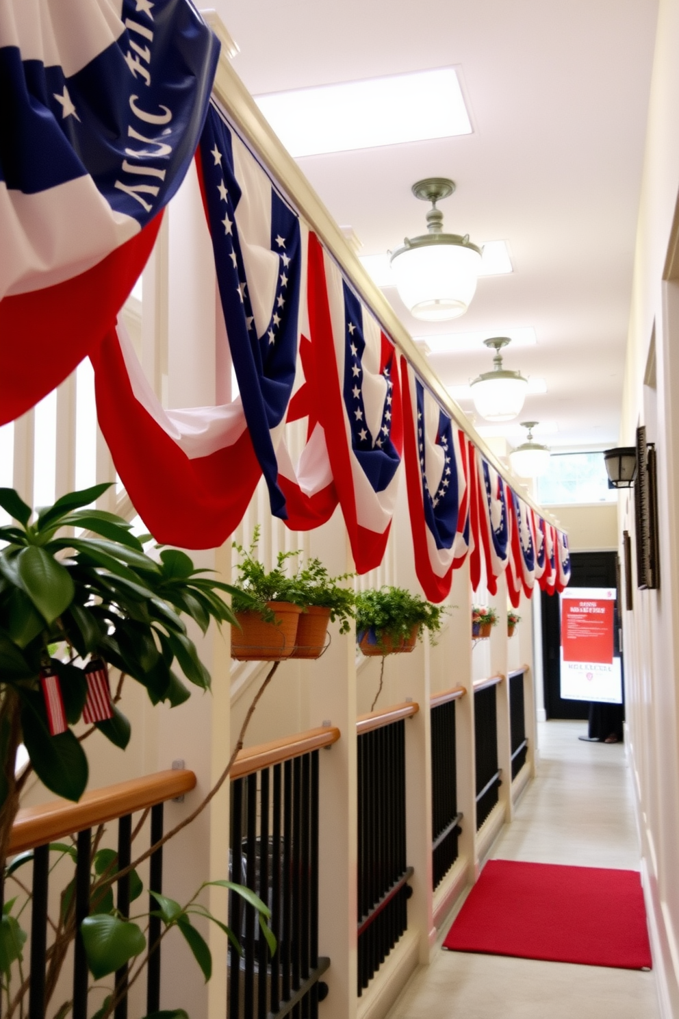 Colorful bunting is draped elegantly over the railings of a lively hallway. The vibrant flags in red, white, and blue create a festive atmosphere, perfect for Memorial Day celebrations.