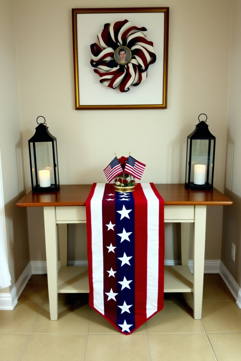 A patriotic hallway decorated for Memorial Day features a vibrant stars and stripes table runner prominently displayed on a console table. Flanking the table are decorative lanterns filled with candles, casting a warm glow in the space.