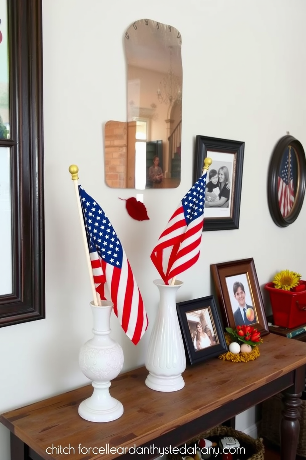 Vintage flags in decorative vases create a patriotic atmosphere in the hallway. The vases are placed on a rustic console table, surrounded by framed family photos and seasonal decor.