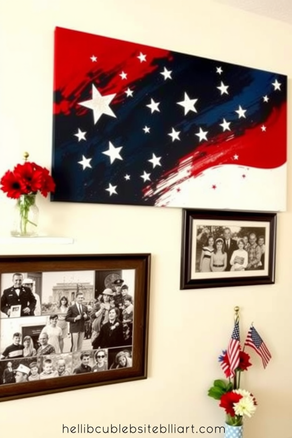 Memorial Day themed wall art featuring a large canvas with an abstract design in red white and blue. The artwork incorporates stars and stripes to evoke a sense of patriotism and remembrance. For Memorial Day hallway decorating ideas consider using a series of framed photographs showcasing military heroes and family gatherings. Add decorative elements like small flags and floral arrangements in red white and blue to enhance the festive atmosphere.