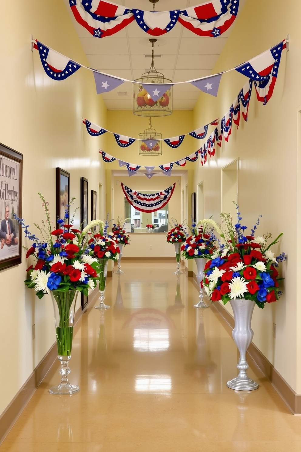 Colorful flower arrangements in red white and blue are arranged in elegant vases along the hallway. The walls are adorned with patriotic-themed artwork, and festive bunting hangs from the ceiling to enhance the Memorial Day celebration.