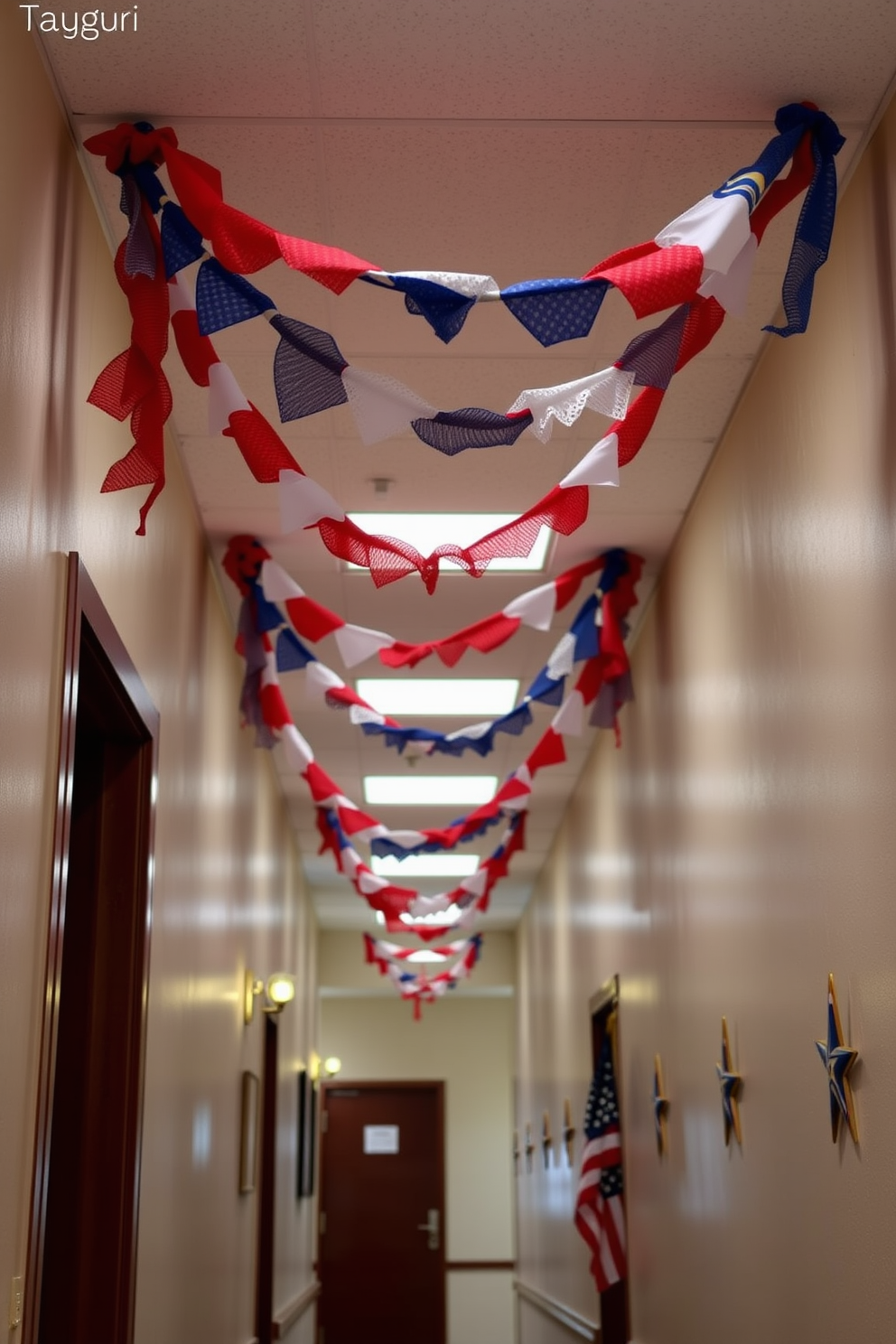 A patriotic garland made of red white and blue fabric hangs gracefully from the ceiling creating a festive atmosphere. The hallway is adorned with small American flags and star shaped decorations adding to the Memorial Day theme.