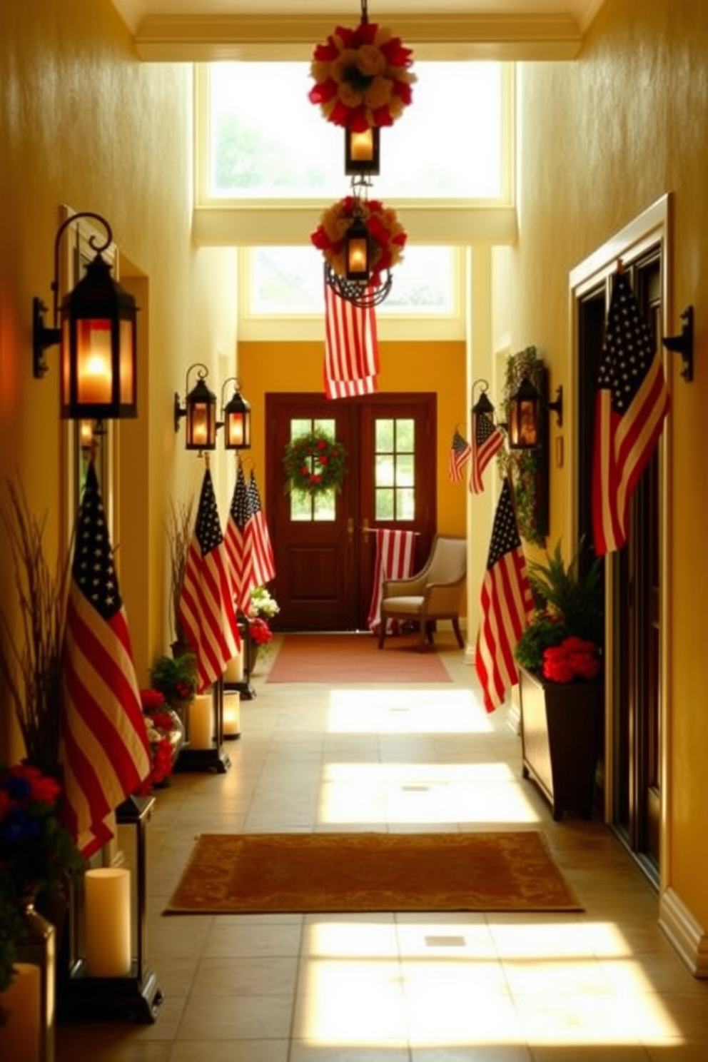 Decorative lanterns adorned with American flags line a welcoming hallway, creating a festive atmosphere for Memorial Day. The warm glow of the lanterns casts a cozy light, enhancing the patriotic theme with red, white, and blue accents throughout the space.