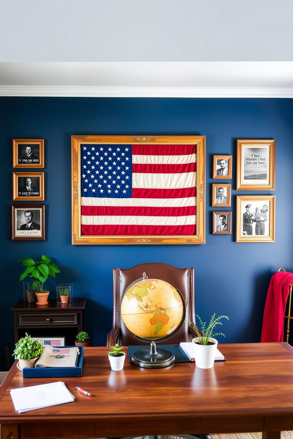 A patriotic flag wall art display features a large American flag framed in a rustic wooden frame, creating a focal point in the room. Surrounding the flag are smaller framed photos of military heroes and patriotic quotes, adding a personal touch to the space. The home office is decorated with a color palette of deep blues and warm reds, complemented by a sturdy wooden desk and a comfortable leather chair. A vintage globe and a few potted plants sit on the desk, enhancing the inviting and inspiring atmosphere for productivity.